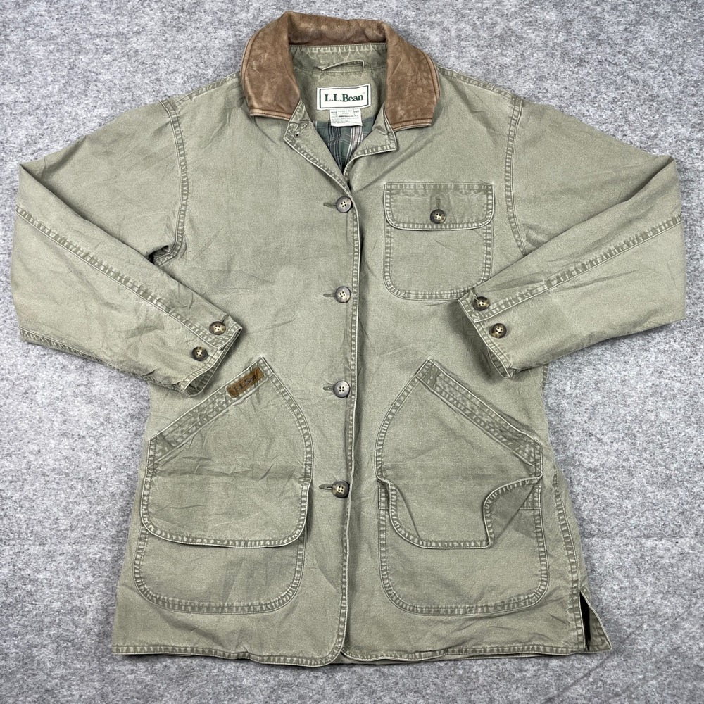 Vintage 90s L.L. Bean Barn Coat Womens S Green Leather Plaid Lined Field Jacket